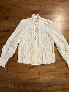 Vintage Victorian Inspired White Ruffle Collar Lace-Trim Blouse